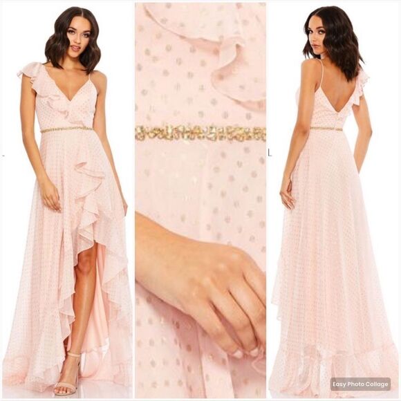 Mac Duggal Womens Pink POLKA DOT ASYMMETRICAL RUFFLE GOWN - Picture 1 of 16